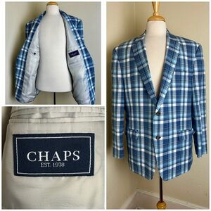 RALPH LAUREN Chaps Madras Blue Plaid Sport Coat Suit Blazer 46 L Spring Cotton